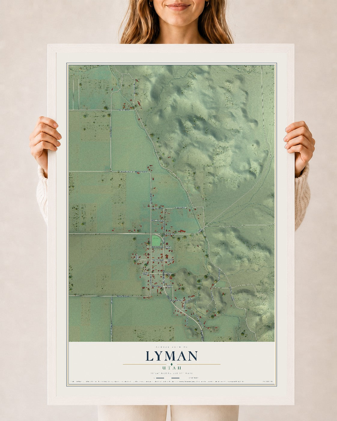 Map of Lyman, Utah, 24 x 36 inch print in a white wood frame