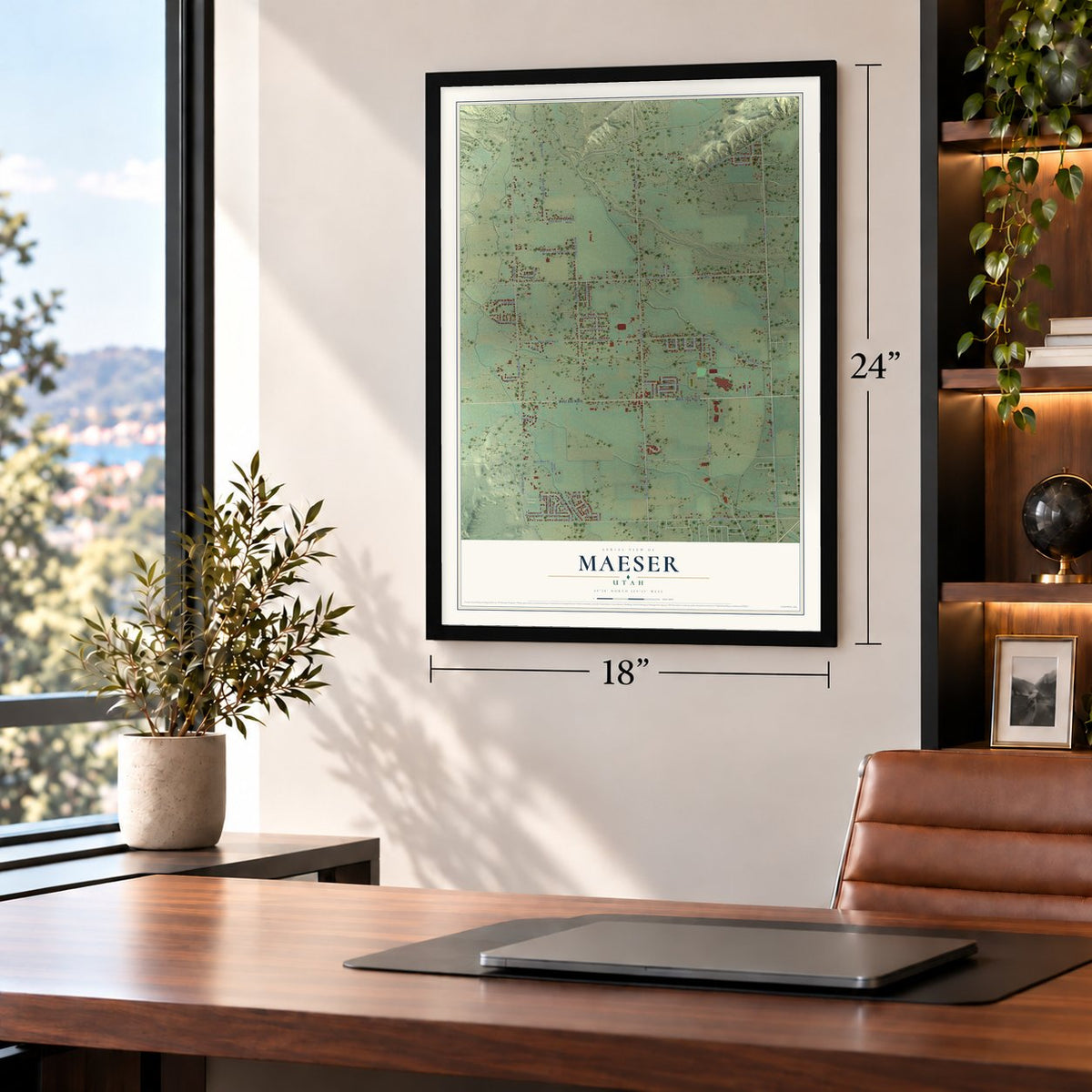 Maeser, Utah map, 18 x 24 inch print in a black frame in a home office