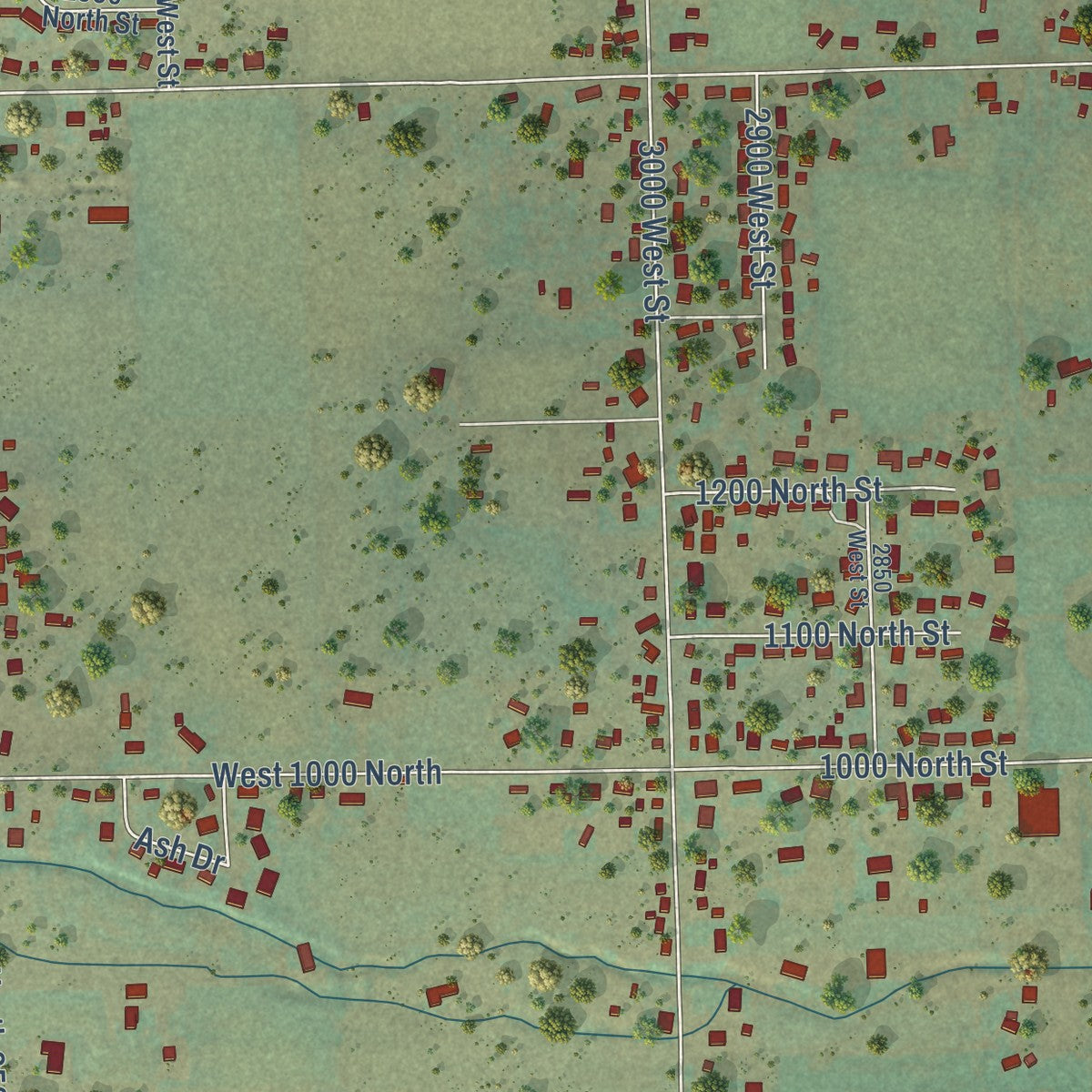 Close-up of the map of Maeser, Utah print showing street and building detail