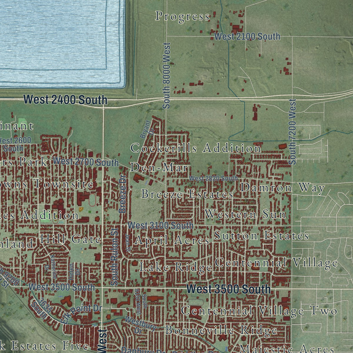 Close-up of the map of Magna, Utah print showing street and building detail