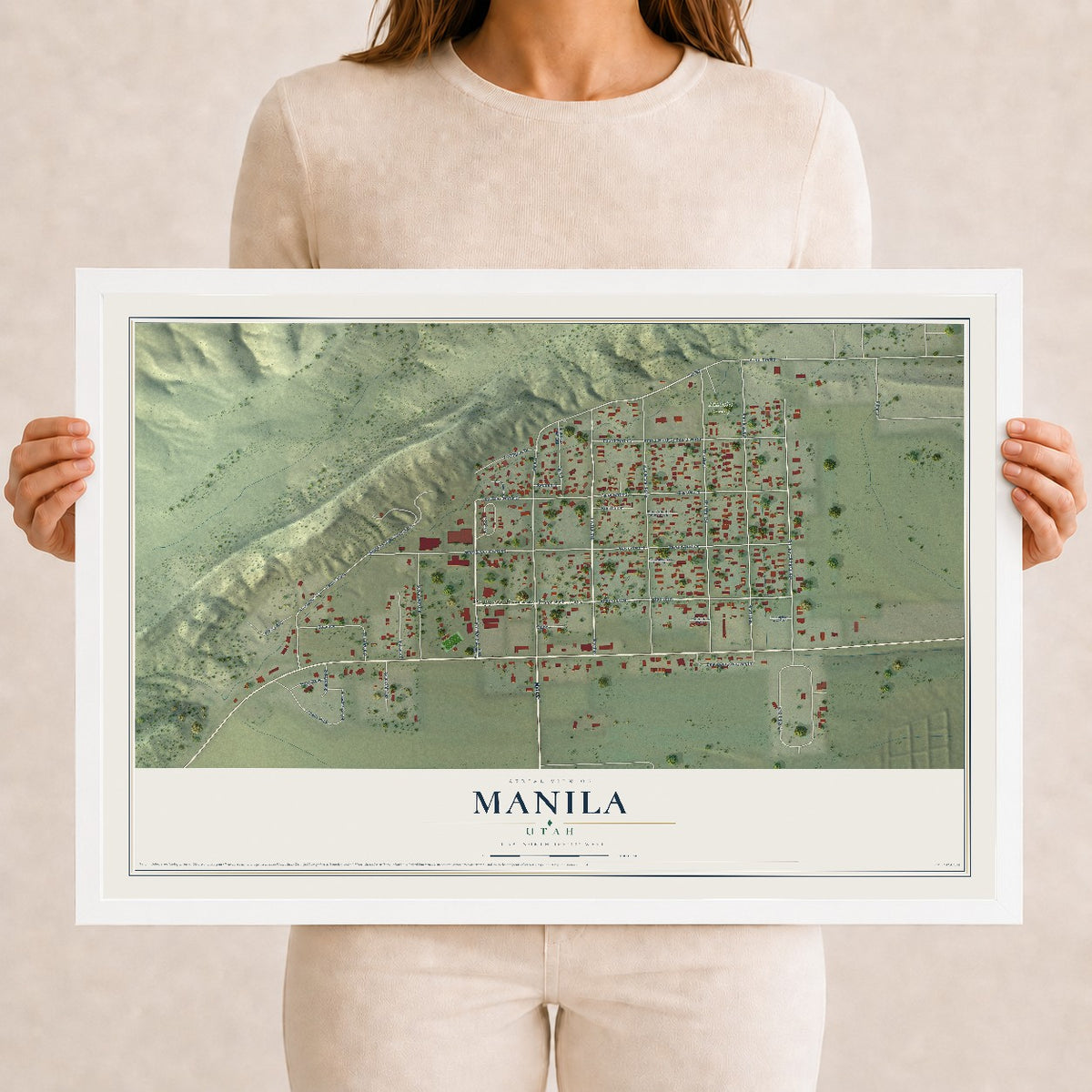 Map of Manila, Utah, 12 x 18 inch print in a white wood frame
