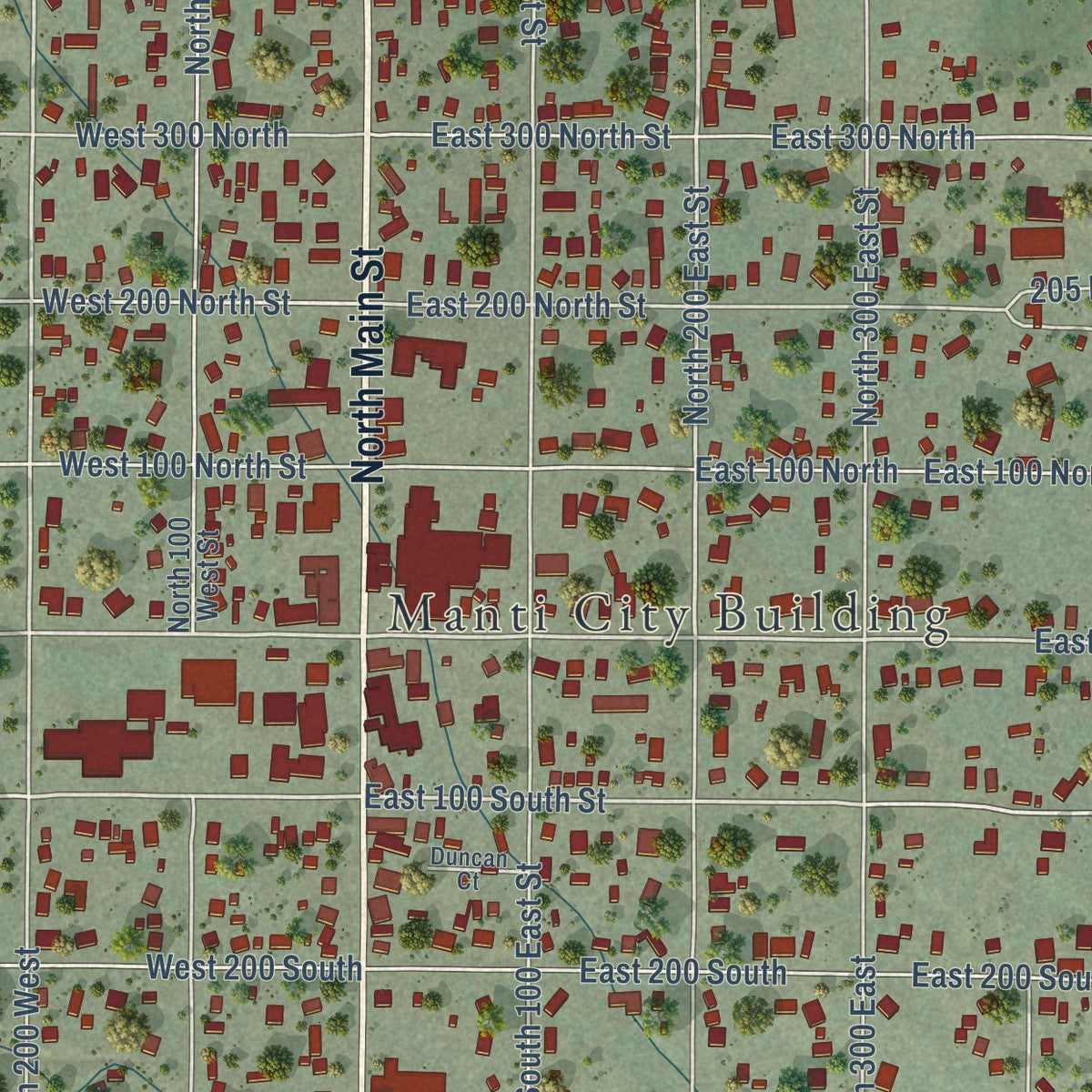 Close-up of the map of Manti, Utah print showing street and building detail