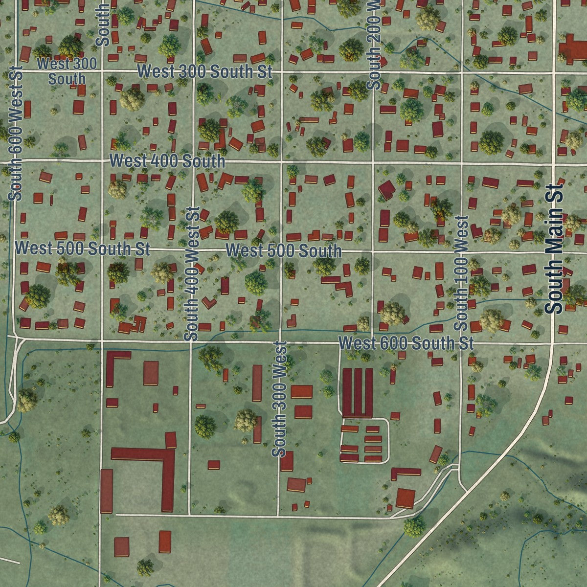 Second close-up of the map of Manti, Utah print showing more streets and buildings