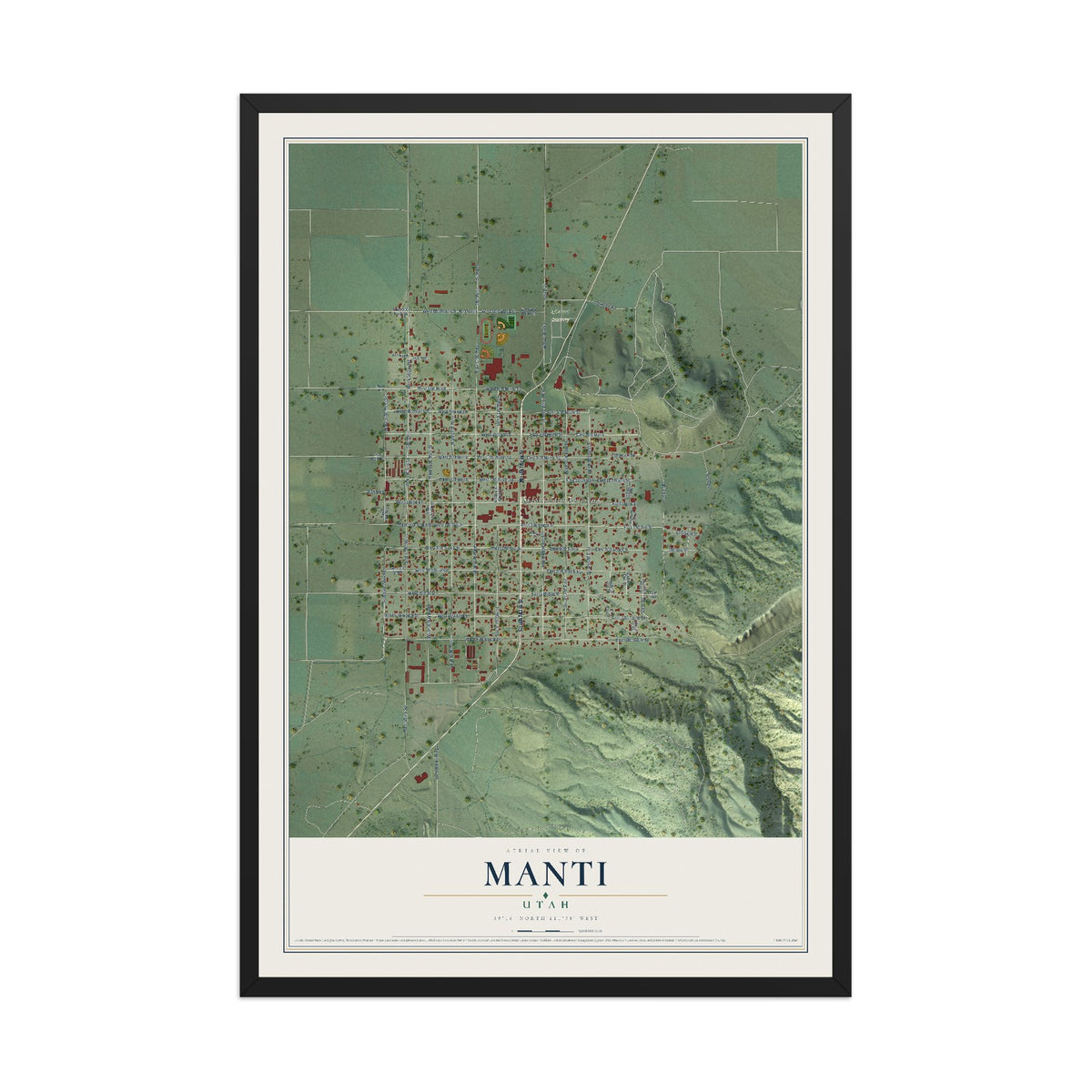 Map of Manti, Utah, 12 x 18 inch print in a black wood frame