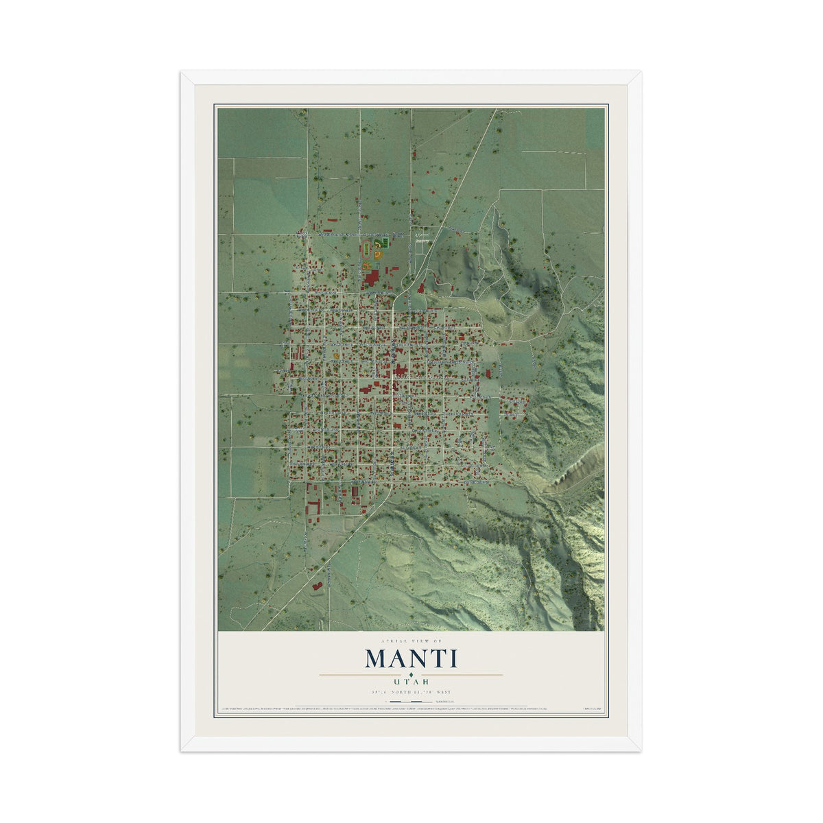 Map of Manti, Utah, 12 x 18 inch print in a white wood frame