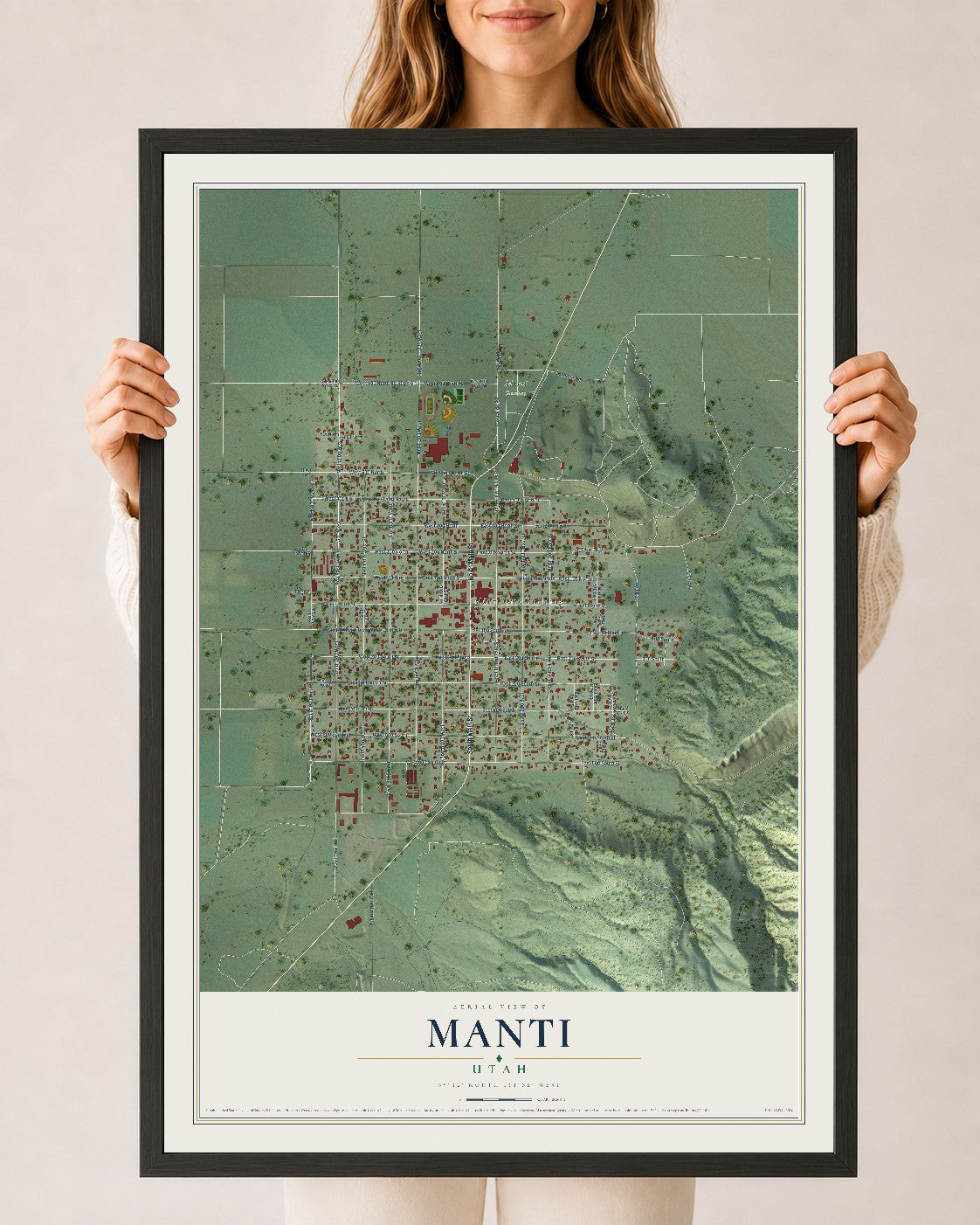 Map of Manti, Utah, 24 x 36 inch print in a black wood frame