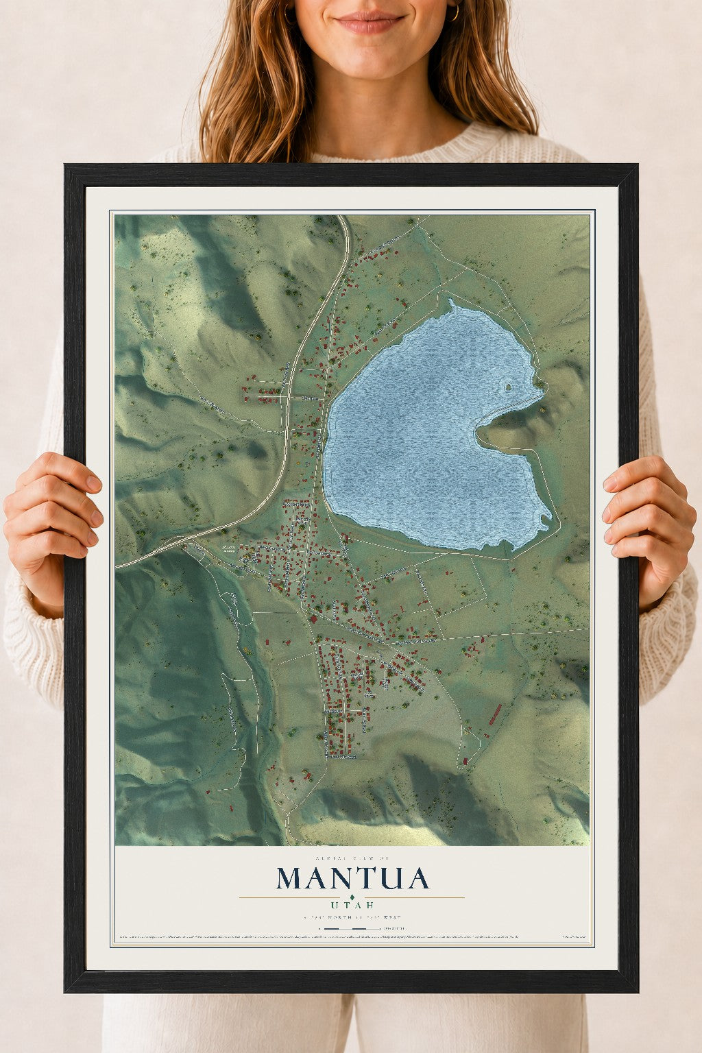 Map of Mantua, Utah, 18 x 24 inch print in a black wood frame