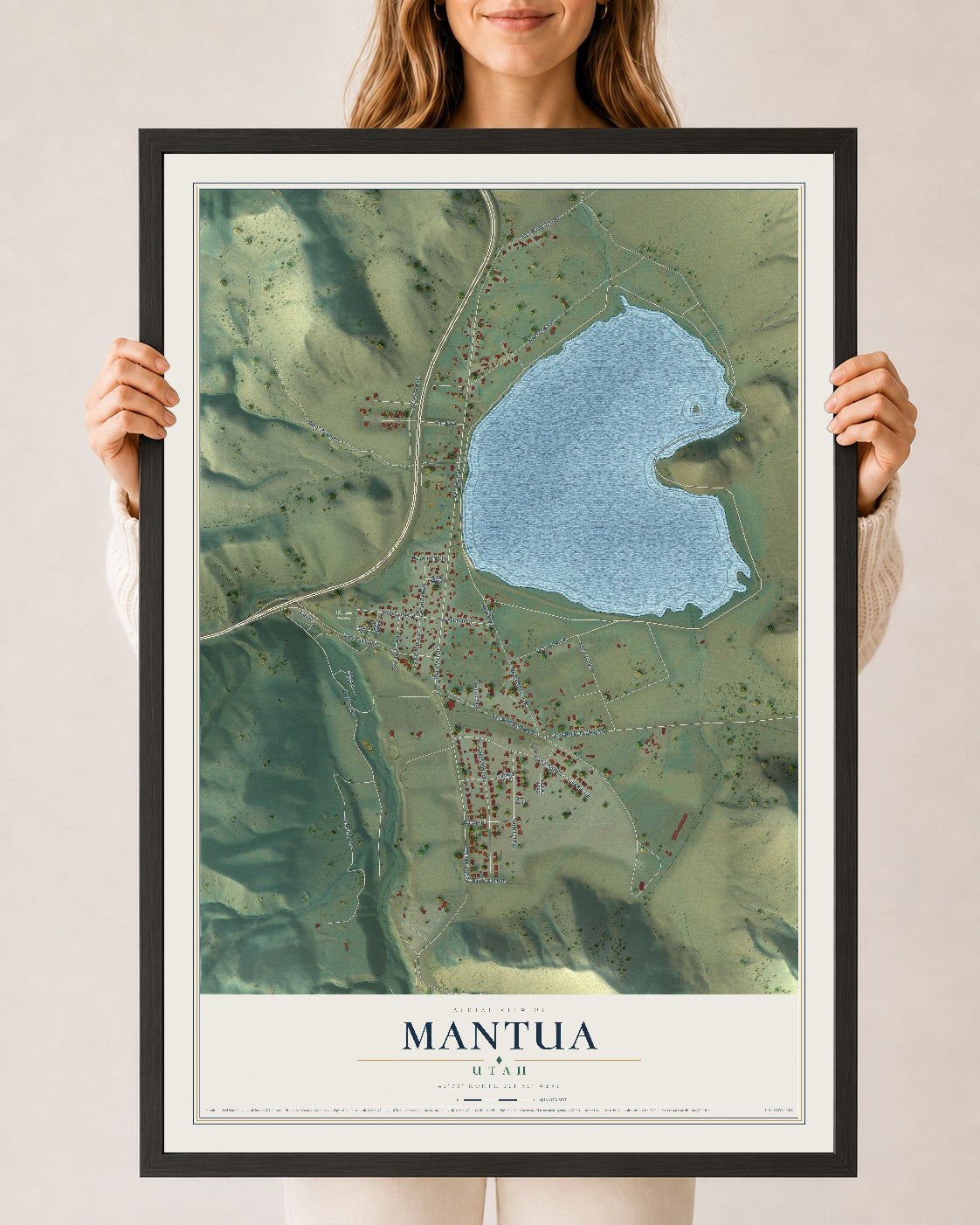Map of Mantua, Utah, 24 x 36 inch print in a black wood frame