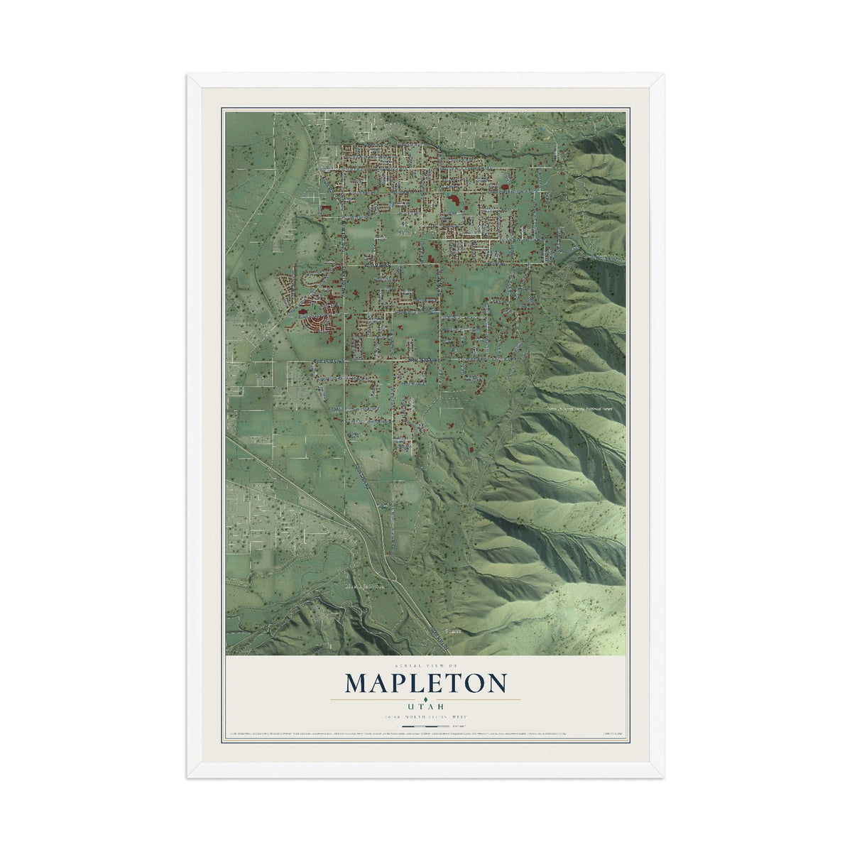 Map of Mapleton, Utah, 12 x 18 inch print in a white wood frame