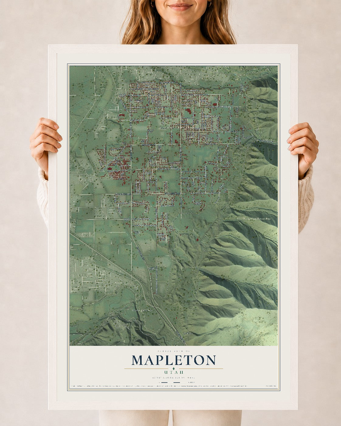 Map of Mapleton, Utah, 24 x 36 inch print in a white wood frame