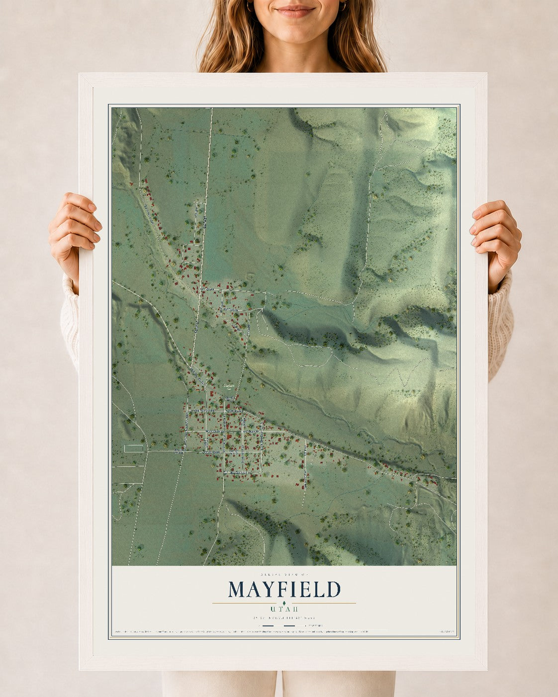 Map of Mayfield, Utah, 24 x 36 inch print in a white wood frame
