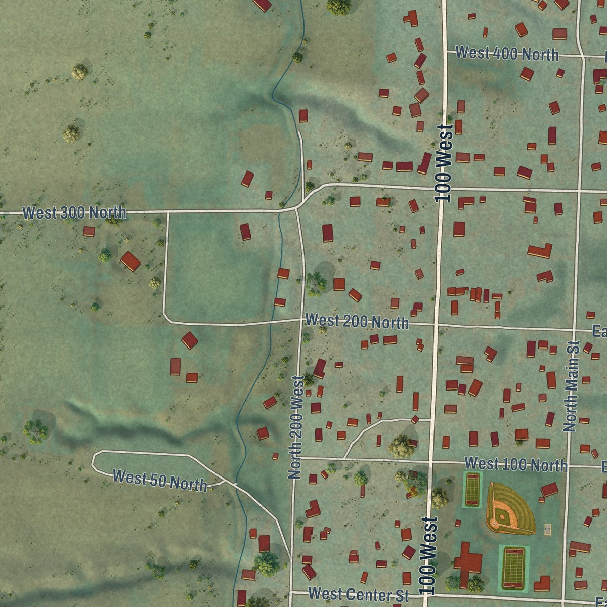 Close-up of the map of Mendon, Utah print showing street and building detail