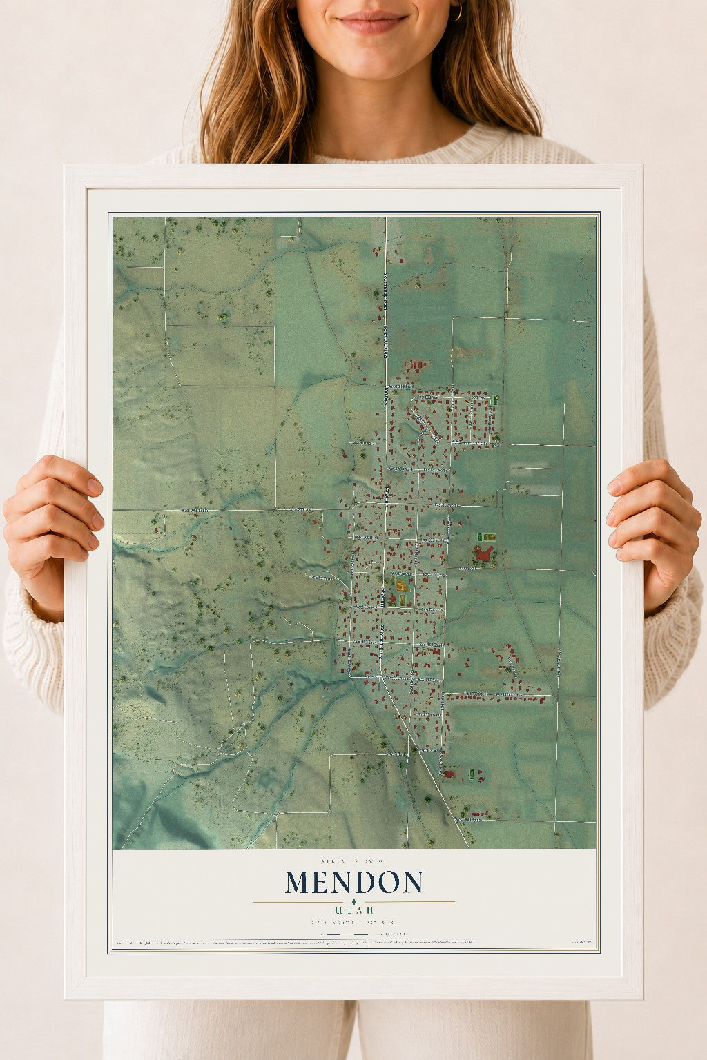Map of Mendon, Utah, 18 x 24 inch print in a white wood frame