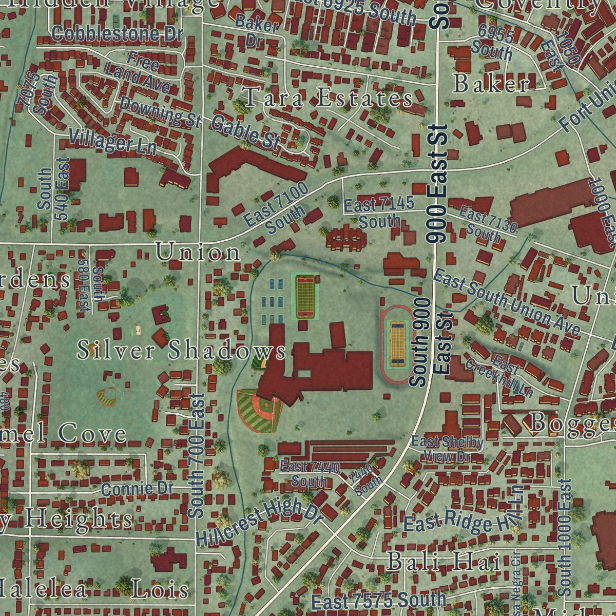 Close-up of the map of Midvale, Utah print showing street and building detail