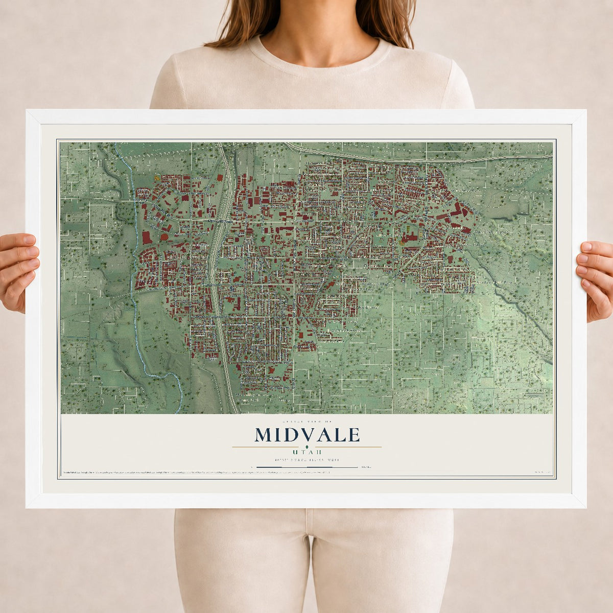Map of Midvale, Utah, 18 x 24 inch print in a white wood frame