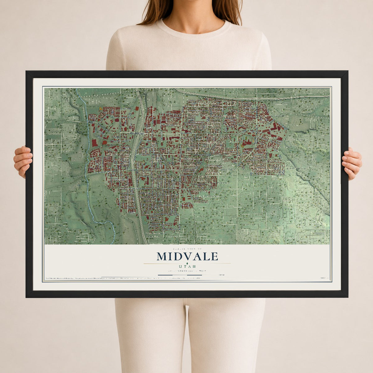 Map of Midvale, Utah, 24 x 36 inch print in a black wood frame