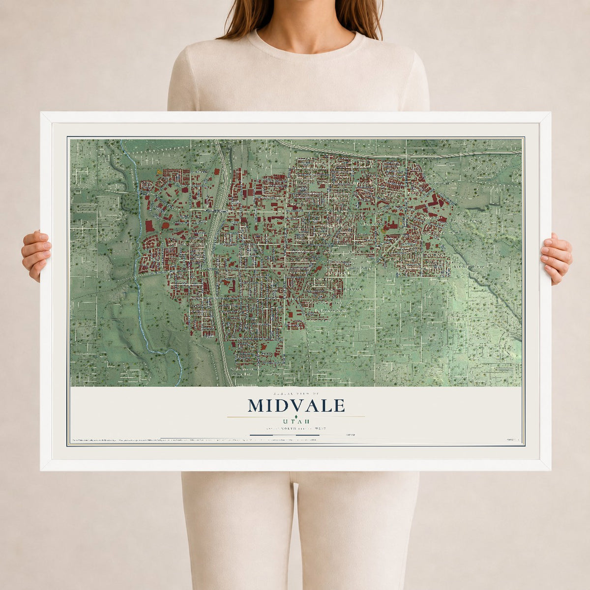 Map of Midvale, Utah, 24 x 36 inch print in a white wood frame