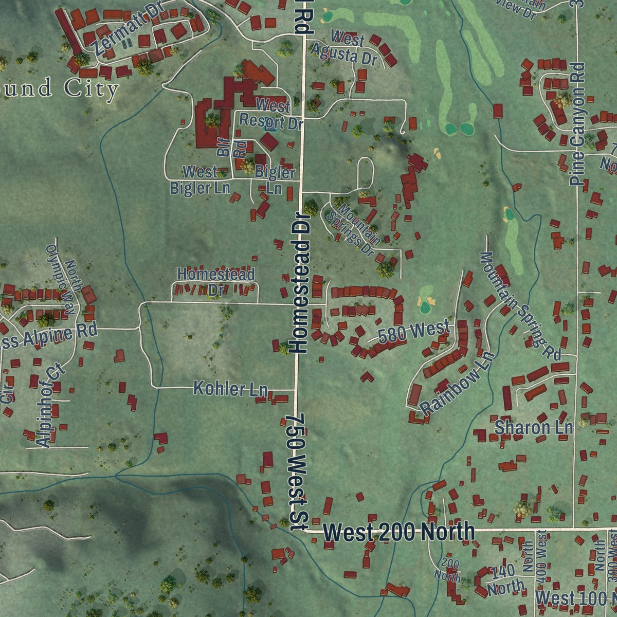 Second close-up of the map of Midway, Utah print showing more streets and buildings