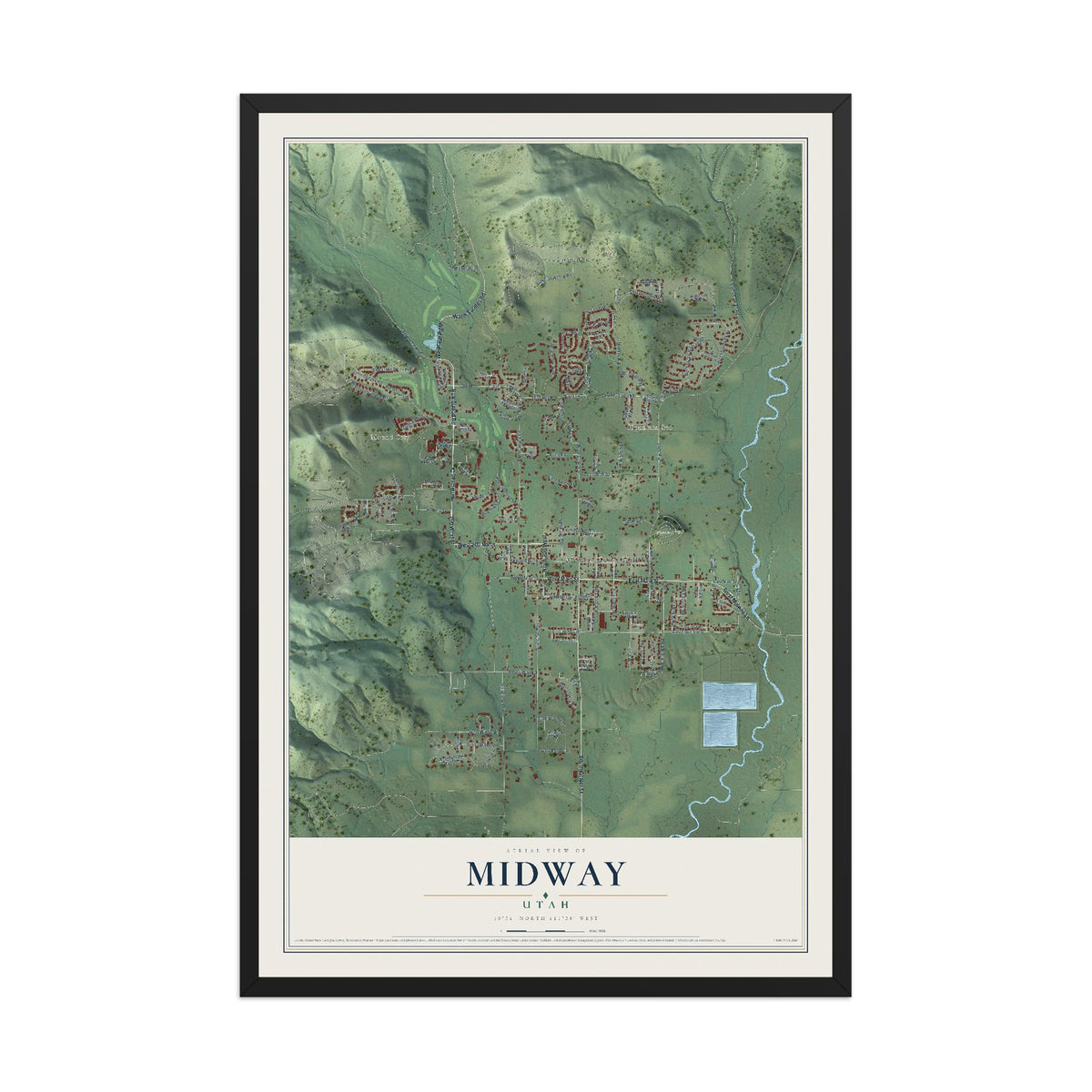 Map of Midway, Utah, 12 x 18 inch print in a black wood frame