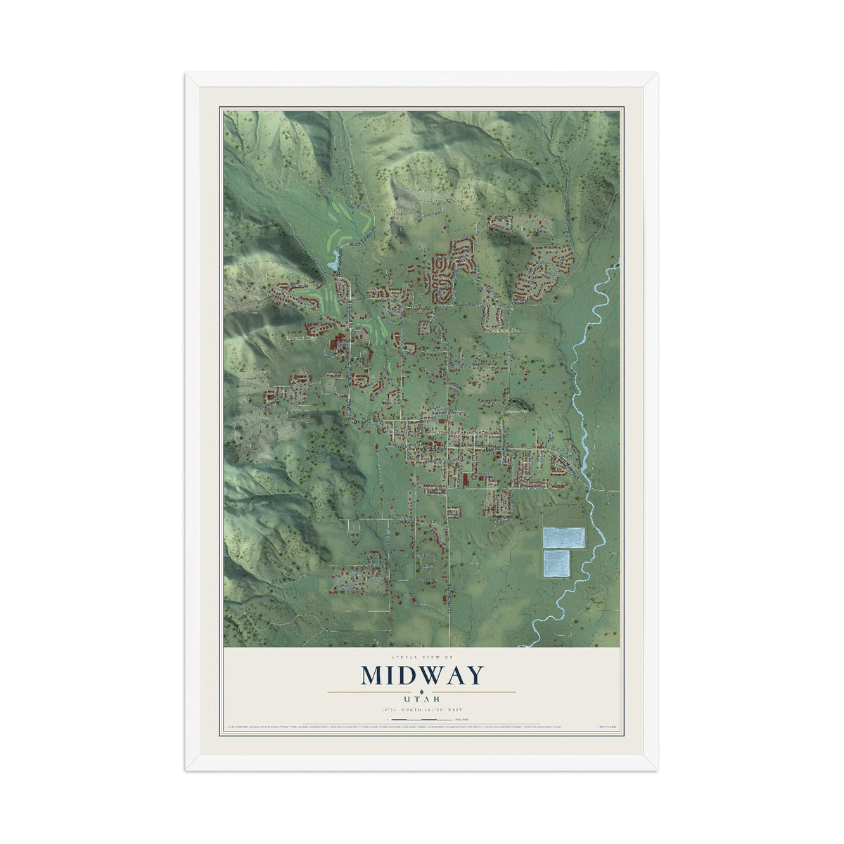 Map of Midway, Utah, 12 x 18 inch print in a white wood frame