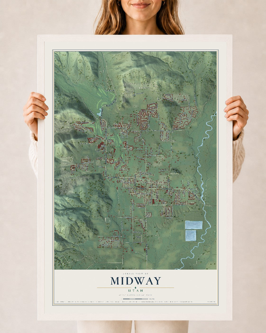 Map of Midway, Utah, 24 x 36 inch print in a white wood frame