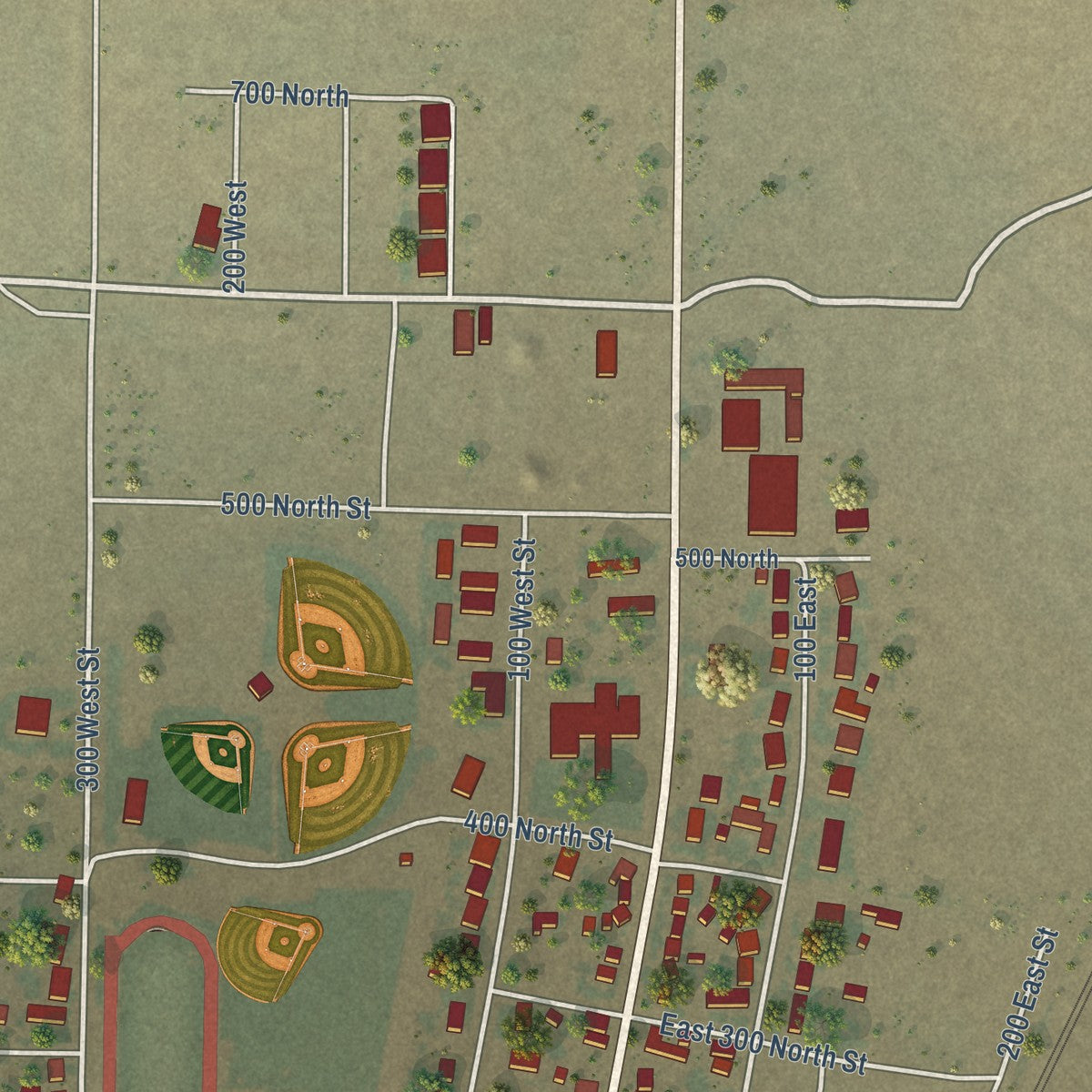 Second close-up of the map of Milford, Utah print showing more streets and buildings