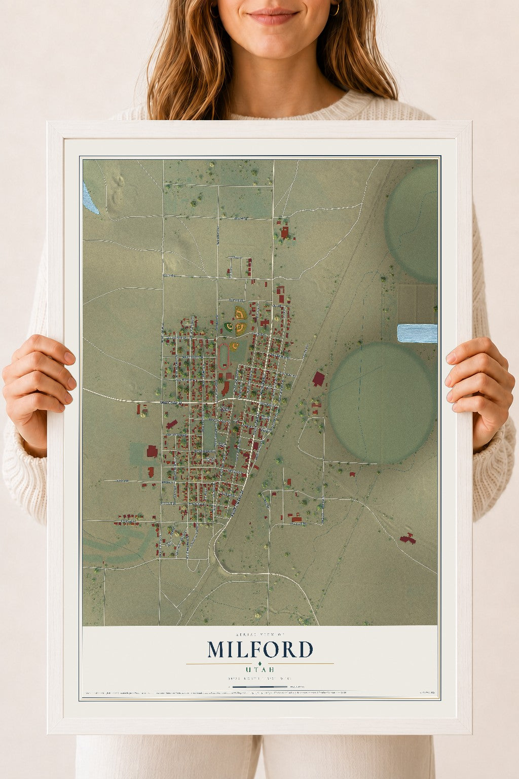 Map of Milford, Utah, 18 x 24 inch print in a white wood frame