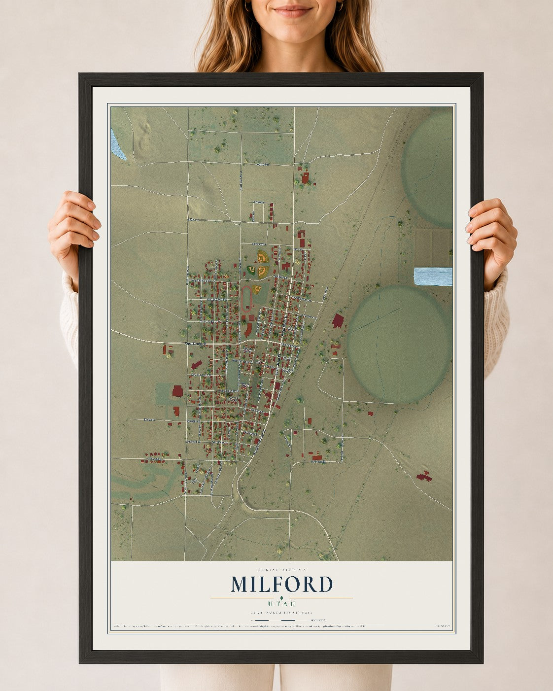 Map of Milford, Utah, 24 x 36 inch print in a black wood frame