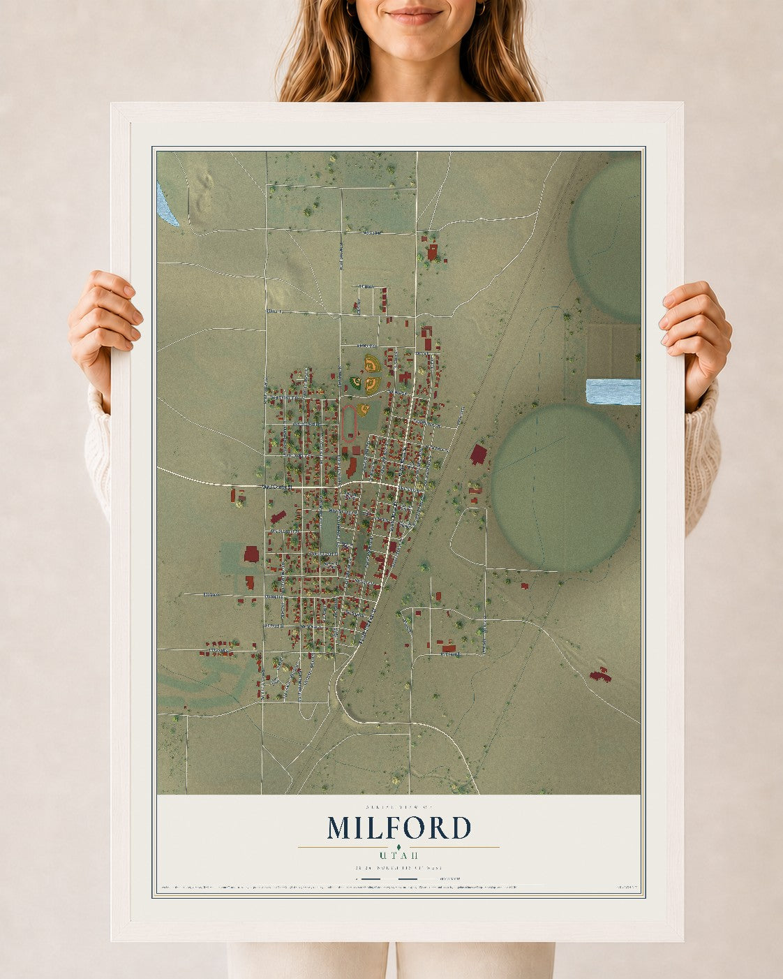 Map of Milford, Utah, 24 x 36 inch print in a white wood frame