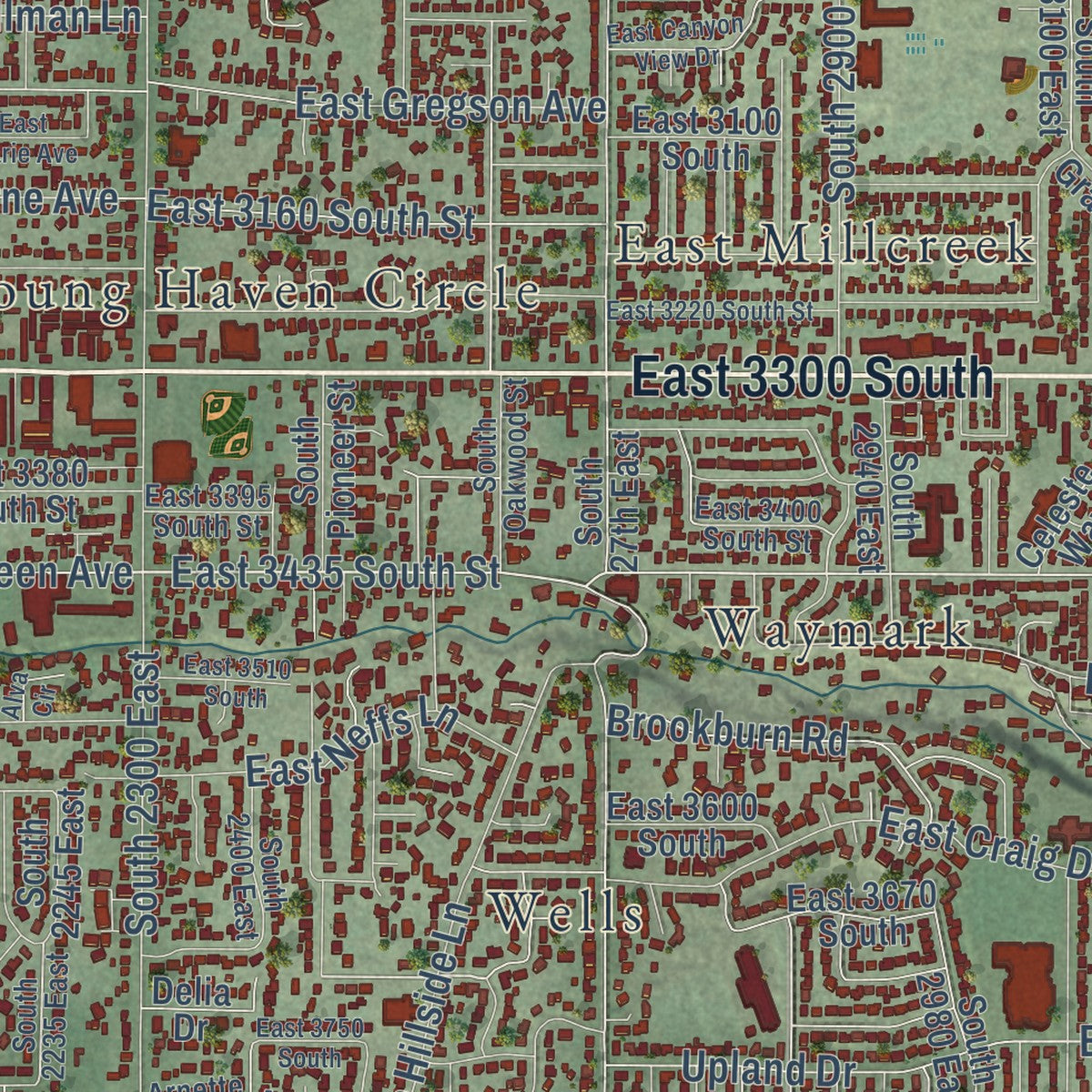 Close-up of the map of Millcreek, Utah print showing street and building detail