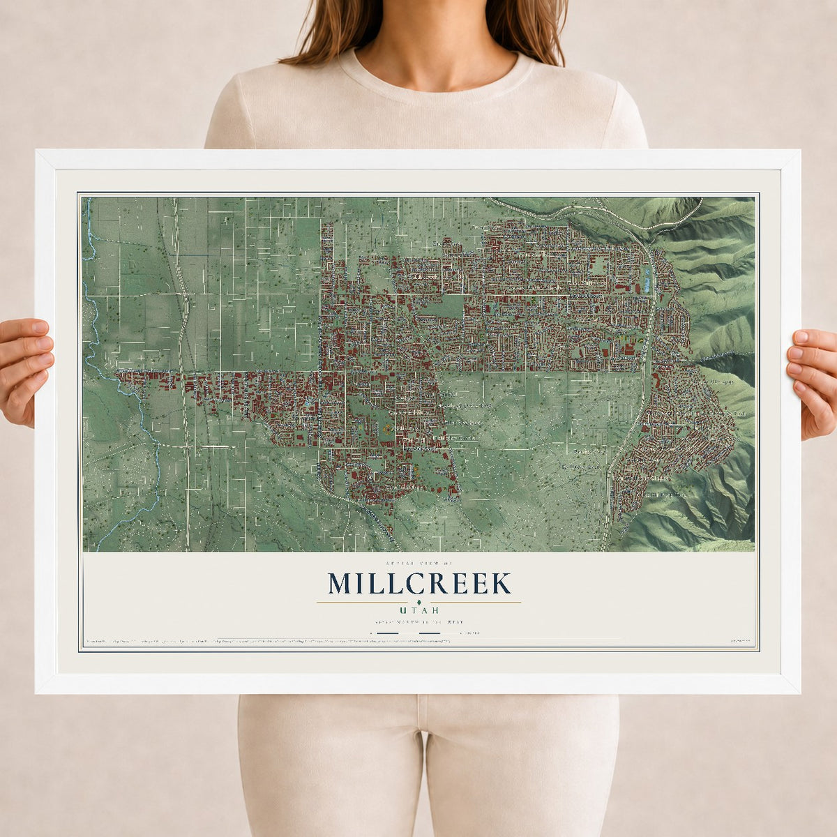 Map of Millcreek, Utah, 18 x 24 inch print in a white wood frame