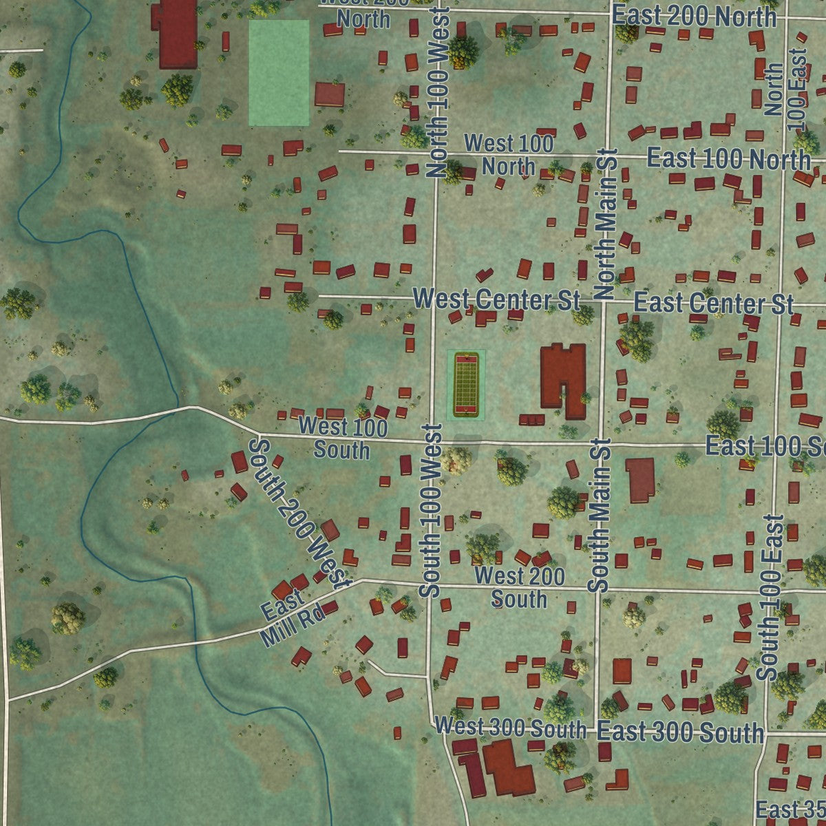 Close-up of the map of Millville, Utah print showing street and building detail