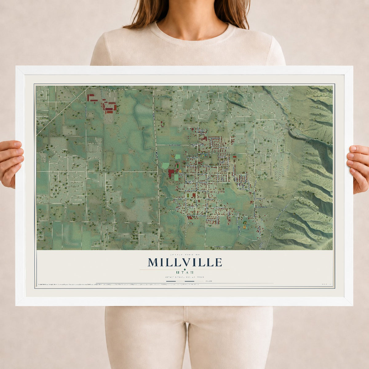 Map of Millville, Utah, 18 x 24 inch print in a white wood frame