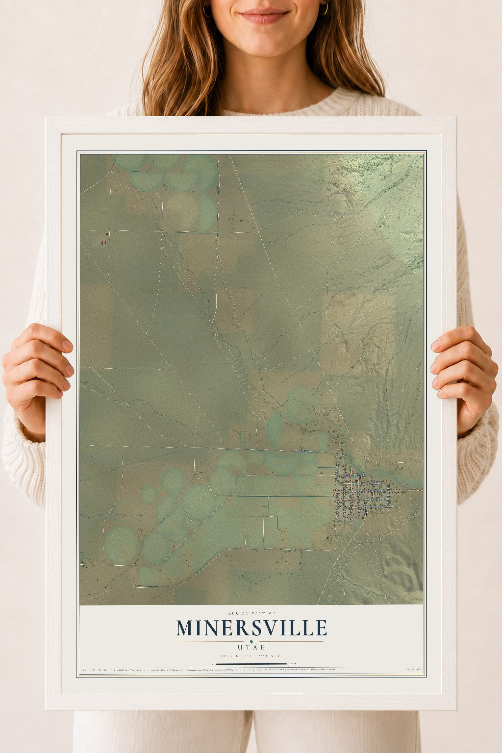 Map of Minersville, Utah, 18 x 24 inch print in a white wood frame