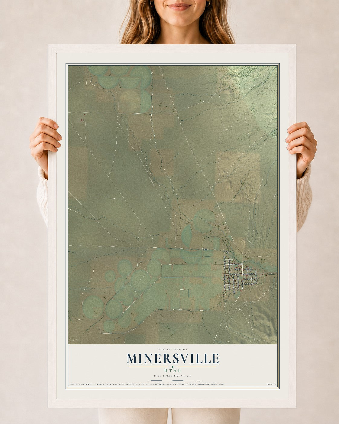 Map of Minersville, Utah, 24 x 36 inch print in a white wood frame