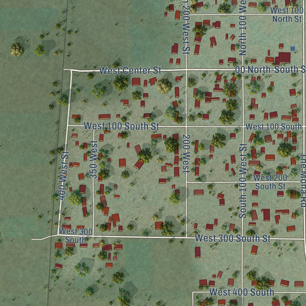 Close-up of the map of Mona, Utah print showing street and building detail