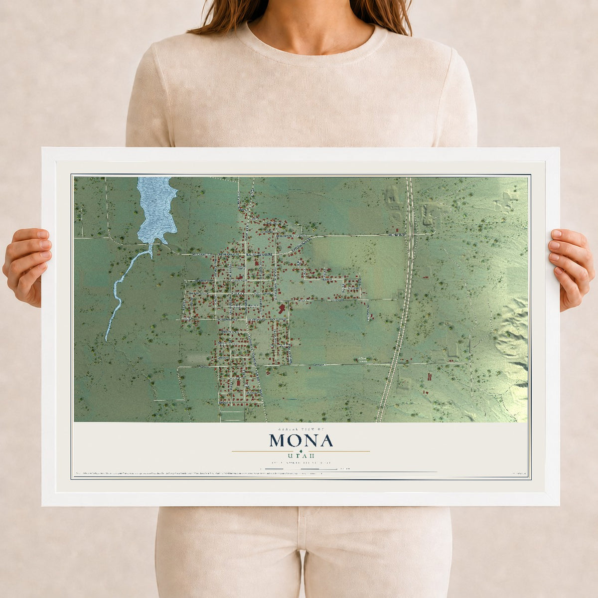 Map of Mona, Utah, 12 x 18 inch print in a white wood frame