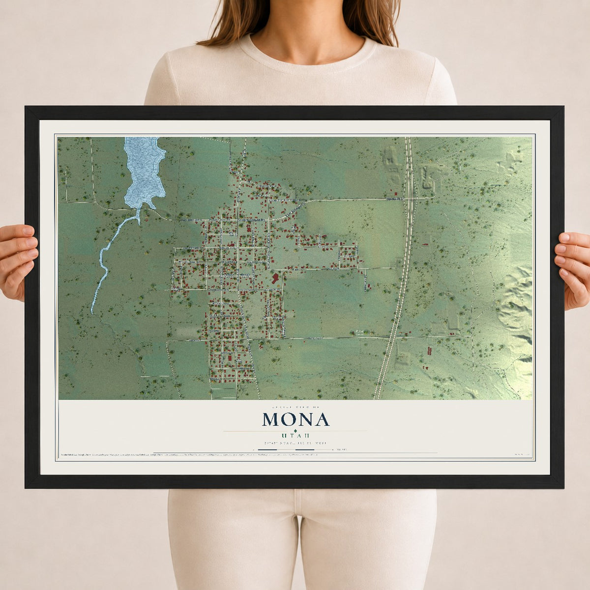 Map of Mona, Utah, 18 x 24 inch print in a black wood frame