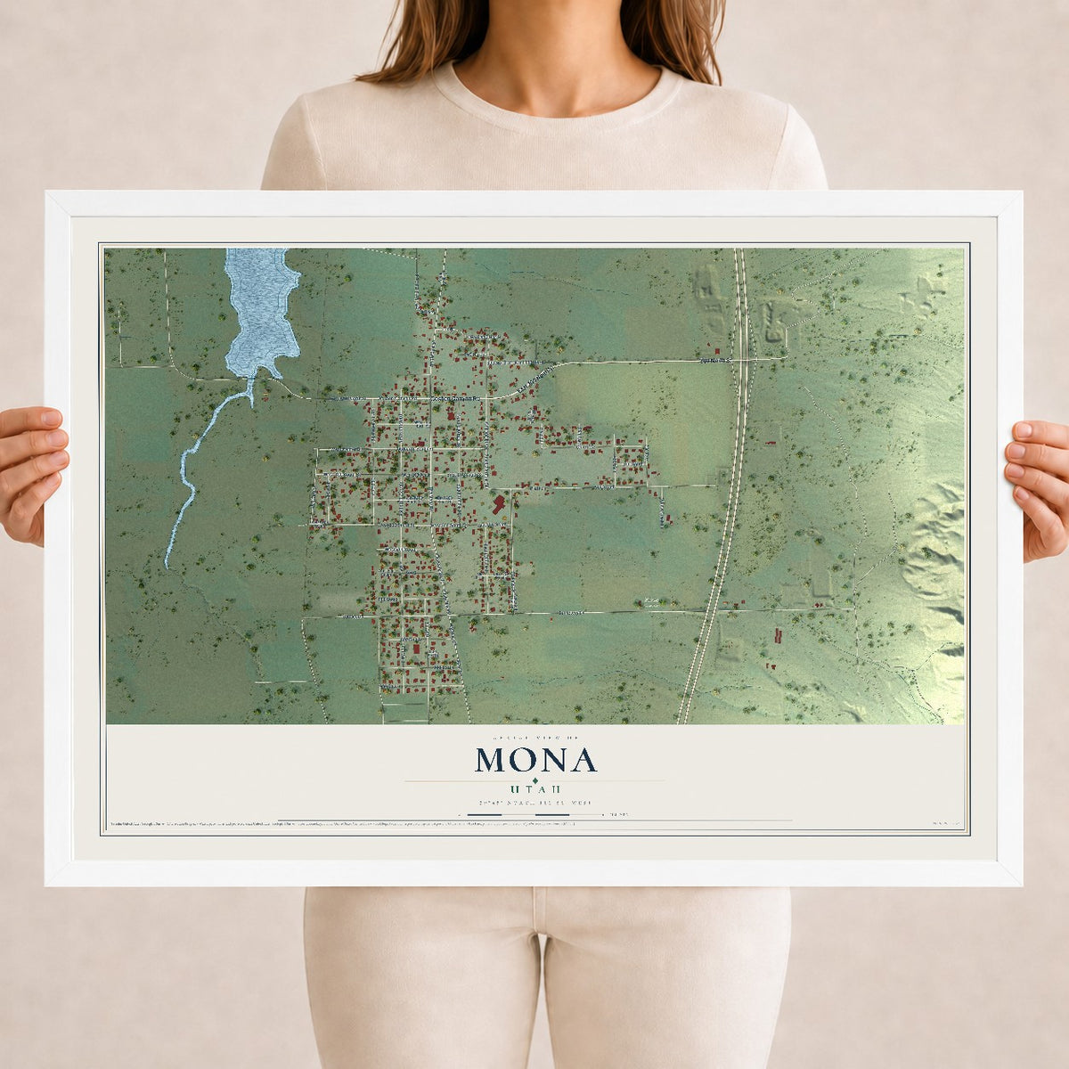 Map of Mona, Utah, 18 x 24 inch print in a white wood frame
