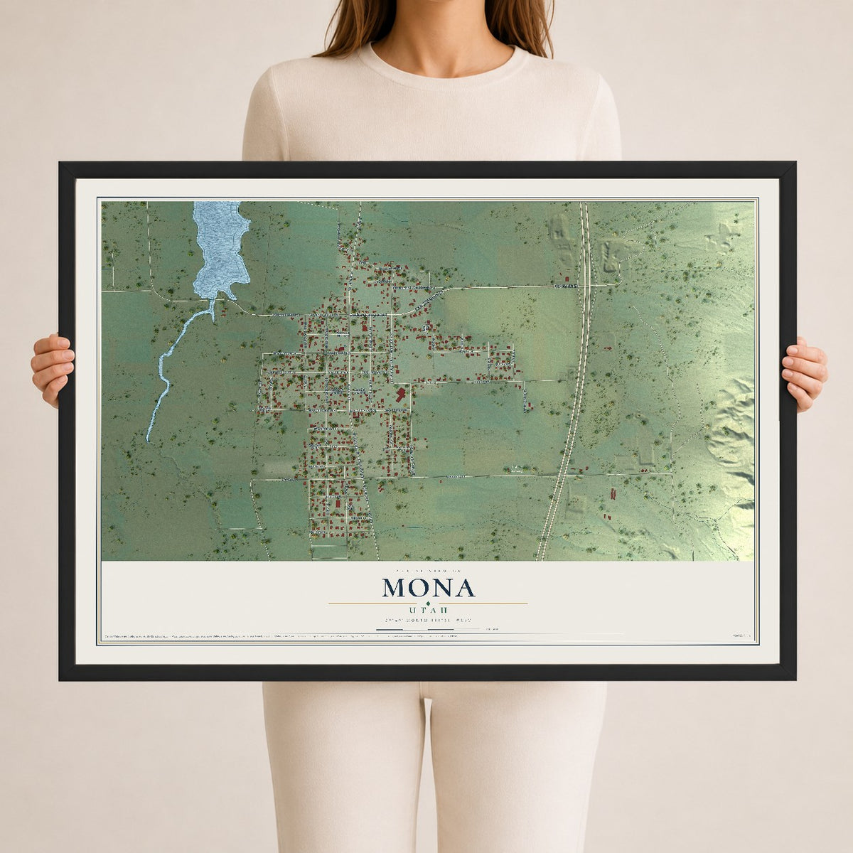 Map of Mona, Utah, 24 x 36 inch print in a black wood frame