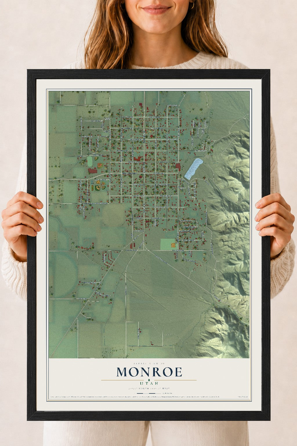 Map of Monroe, Utah, 18 x 24 inch print in a black wood frame