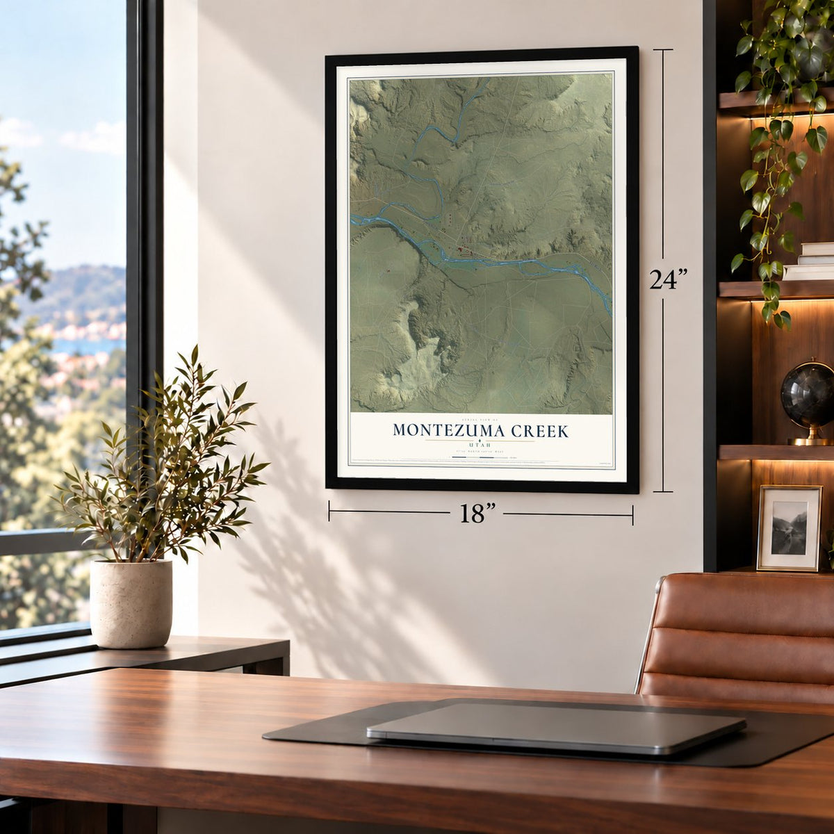 Montezuma Creek, Utah map, 18 x 24 inch print in a black frame in a home office