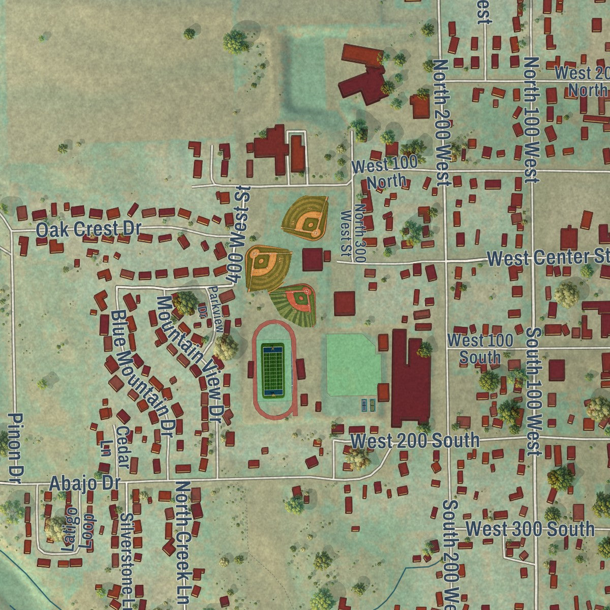 Close-up of the map of Monticello, Utah print showing street and building detail