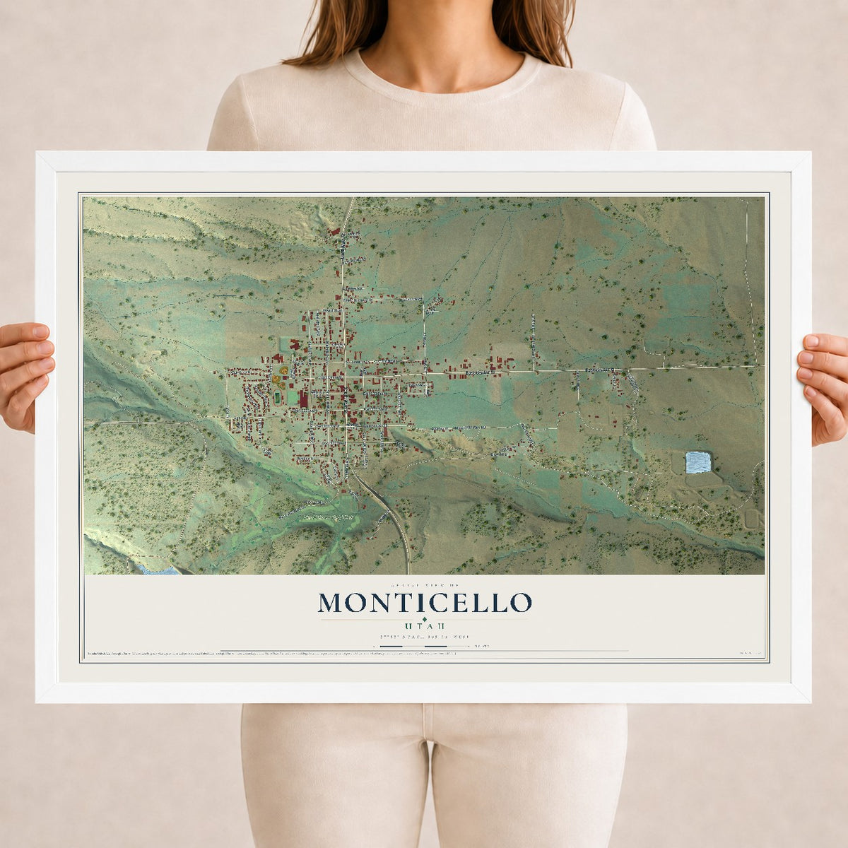 Map of Monticello, Utah, 18 x 24 inch print in a white wood frame