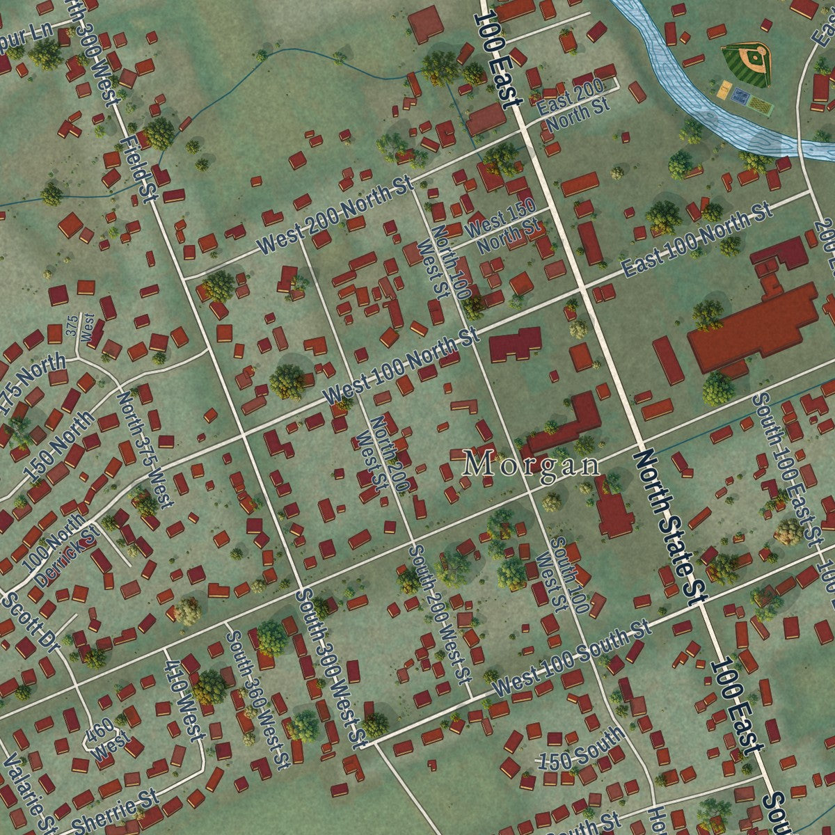 Close-up of the map of Morgan, Utah print showing street and building detail