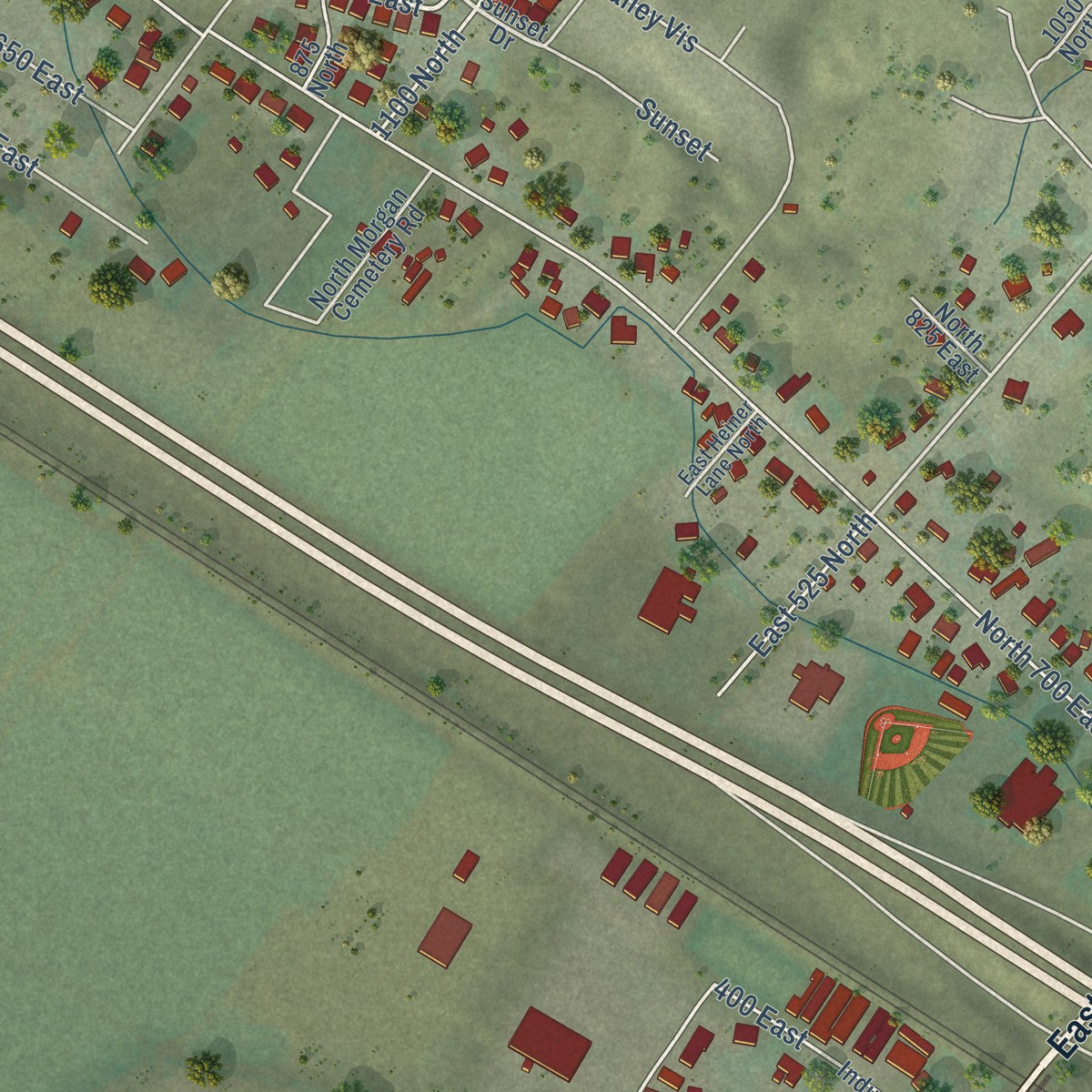 Second close-up of the map of Morgan, Utah print showing more streets and buildings