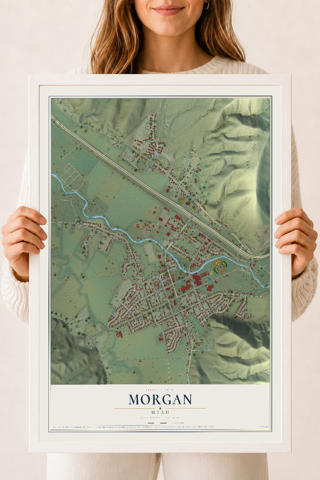 Map of Morgan, Utah, 18 x 24 inch print in a white wood frame