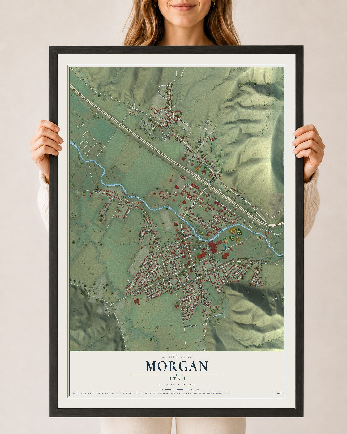 Map of Morgan, Utah, 24 x 36 inch print in a black wood frame