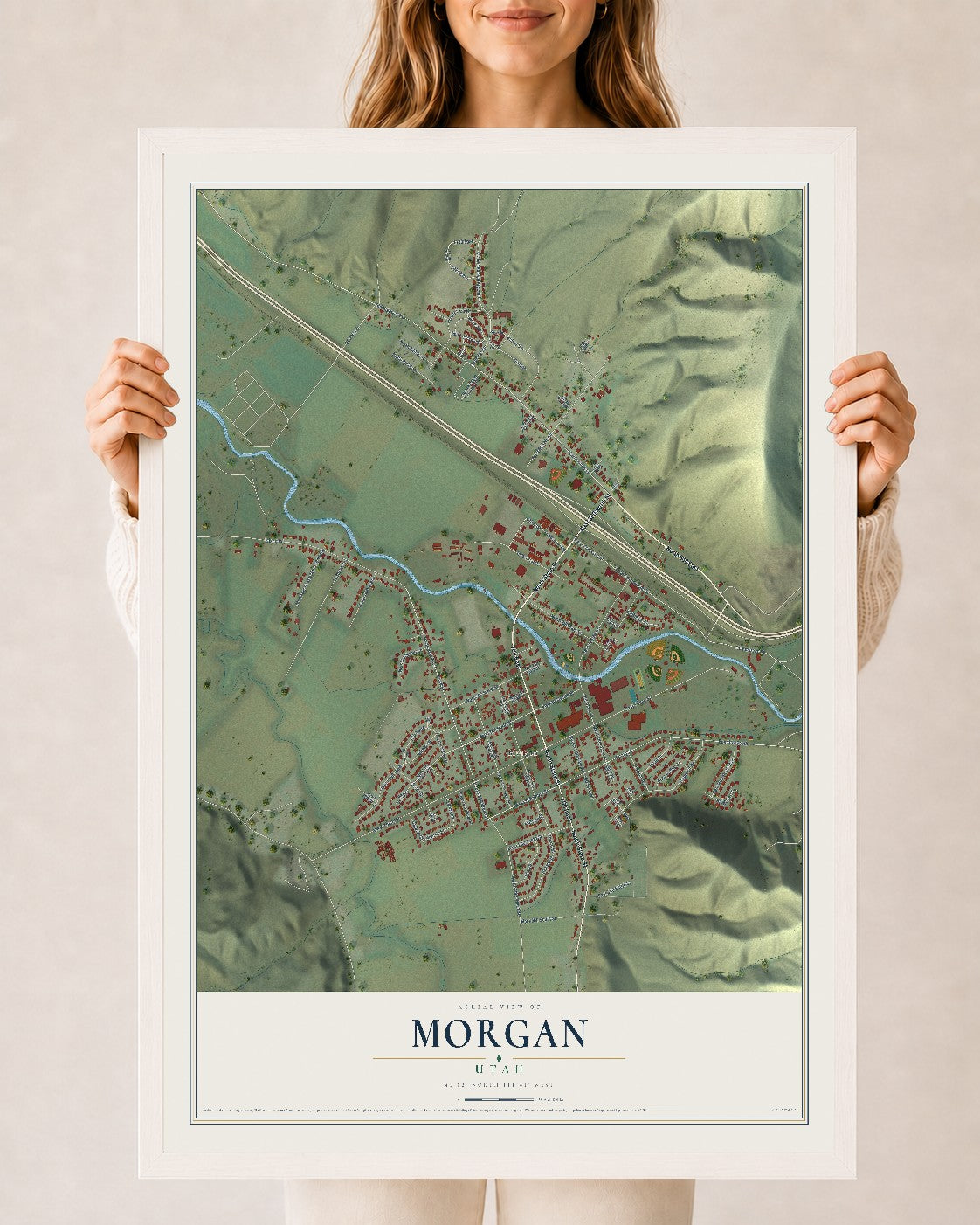 Map of Morgan, Utah, 24 x 36 inch print in a white wood frame