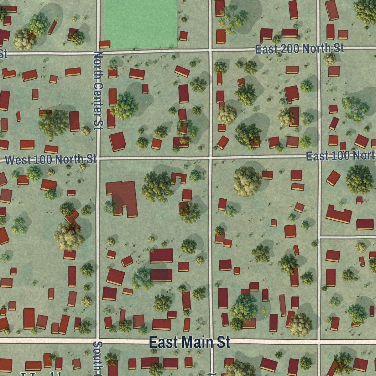 Close-up of the map of Moroni, Utah print showing street and building detail